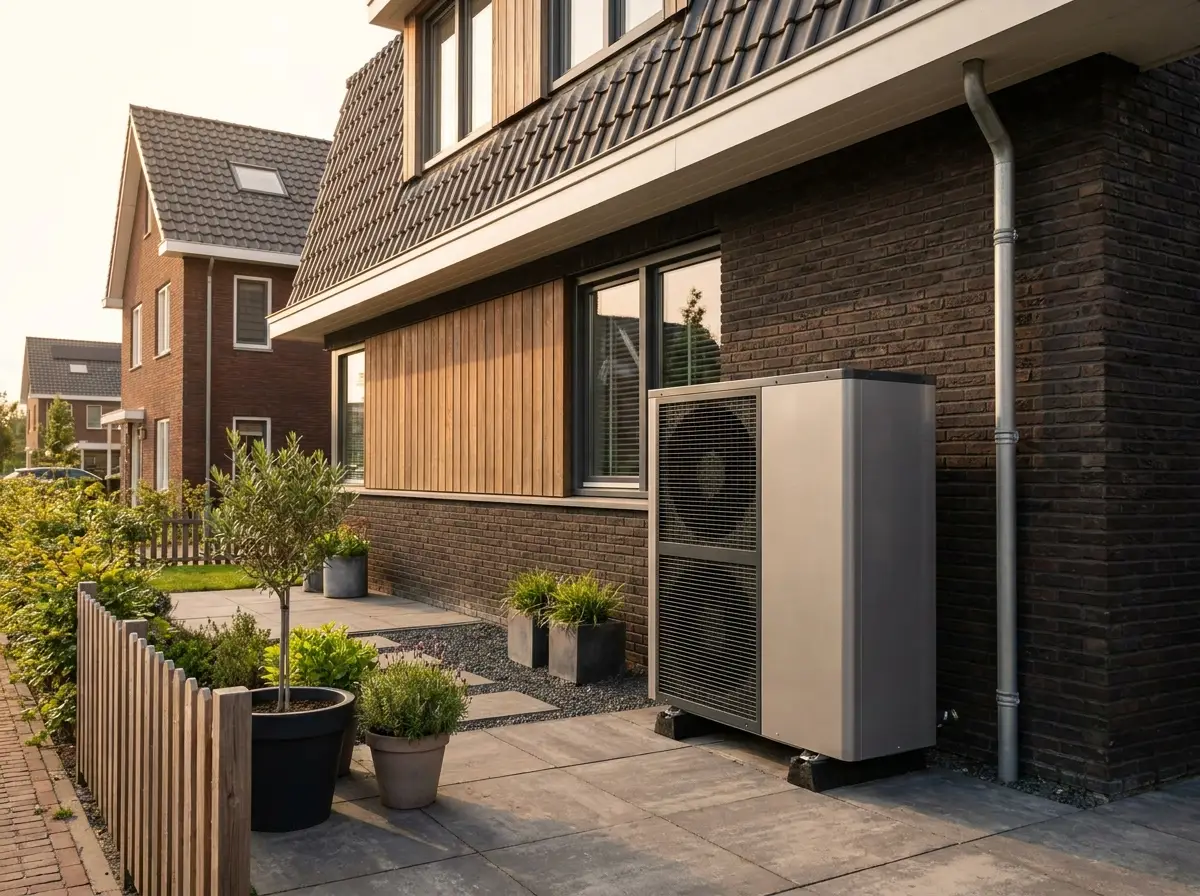 Warmtepomp buitenunit tegen de gevel van een woning