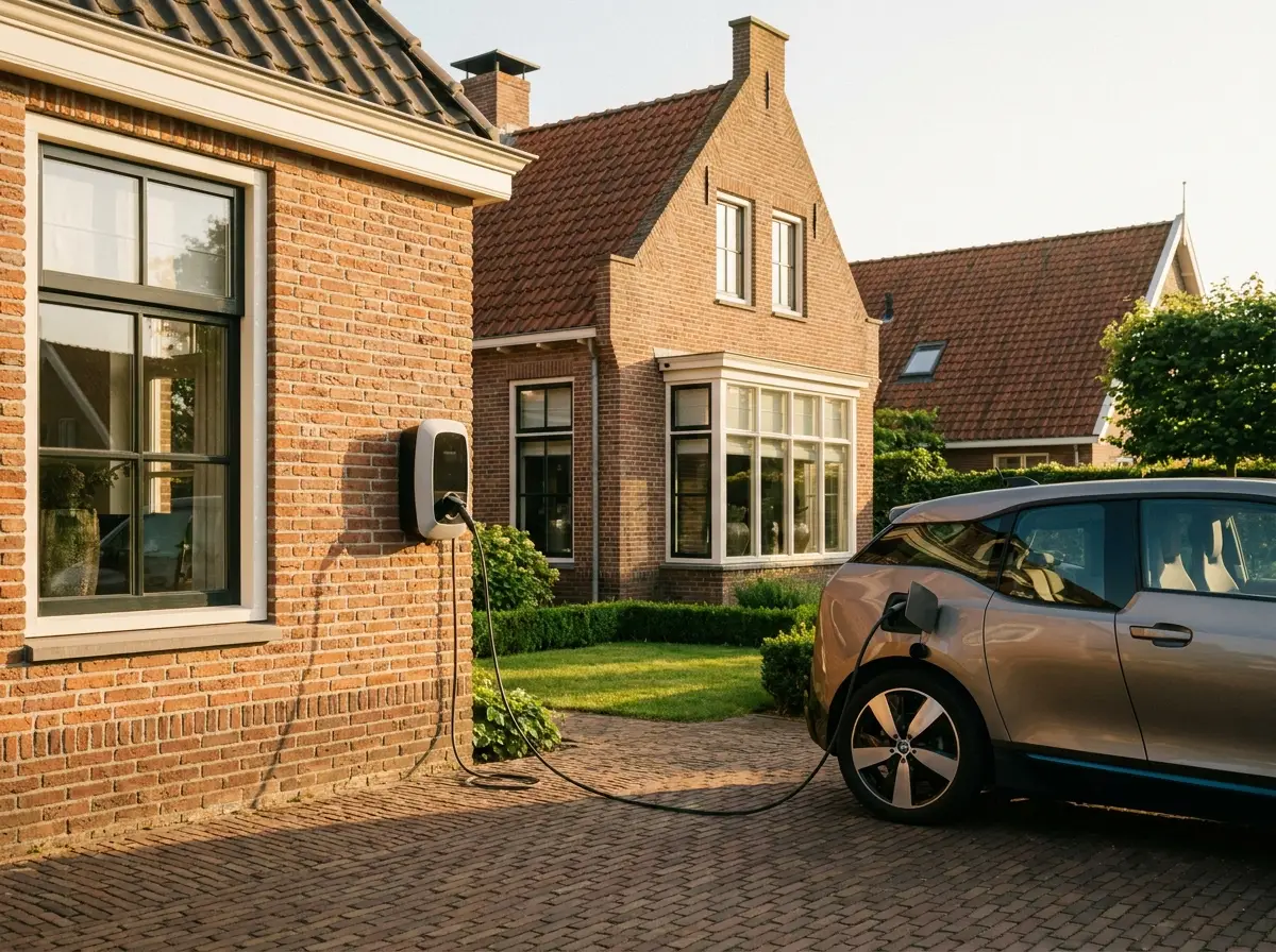 Laadpaal aan de gevel met een ladende elektrische auto